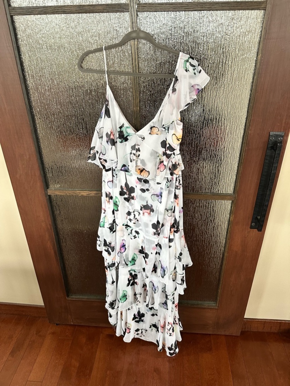 ML Monique Lhuillier Asymetrical Ruffle Gardenia Floral Dress size 16 - Picture 3 of 9